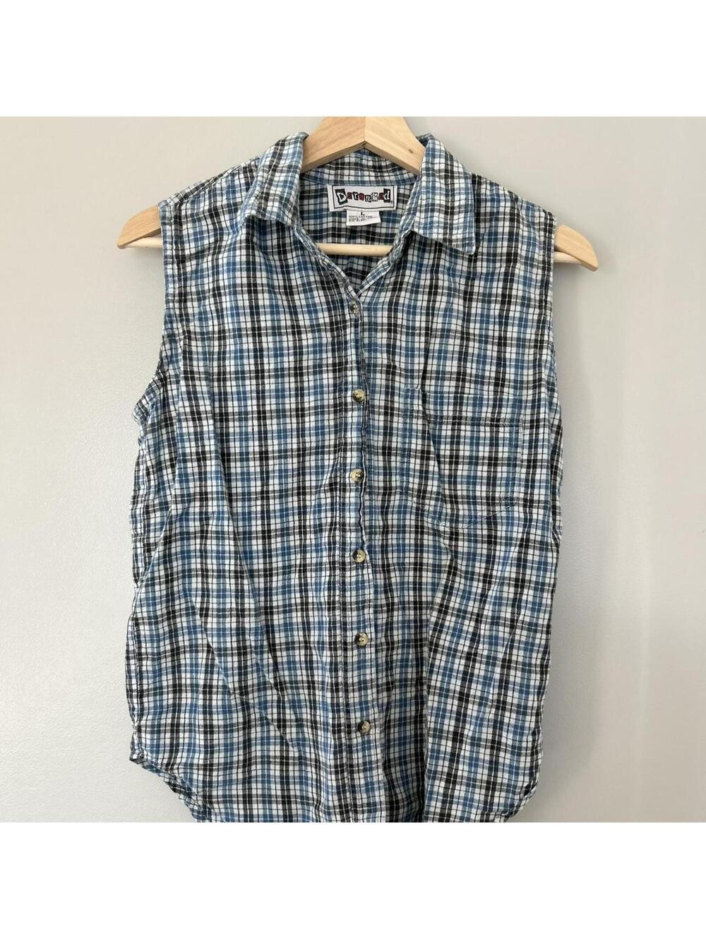 90s blue plaid button up sleeveless shirt